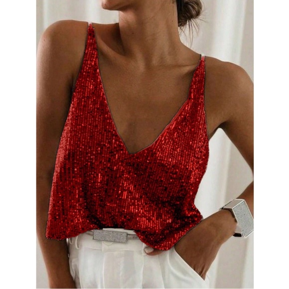 All Over Sequin Burgundy V-Neck Cami Top - Picture 1 of 7